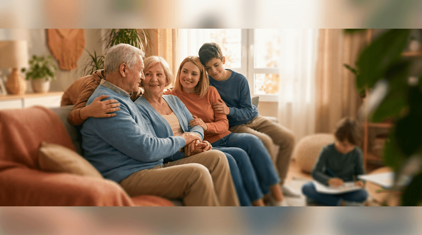 A grandfather, grandmother, mother and two children sitting close together on a couch