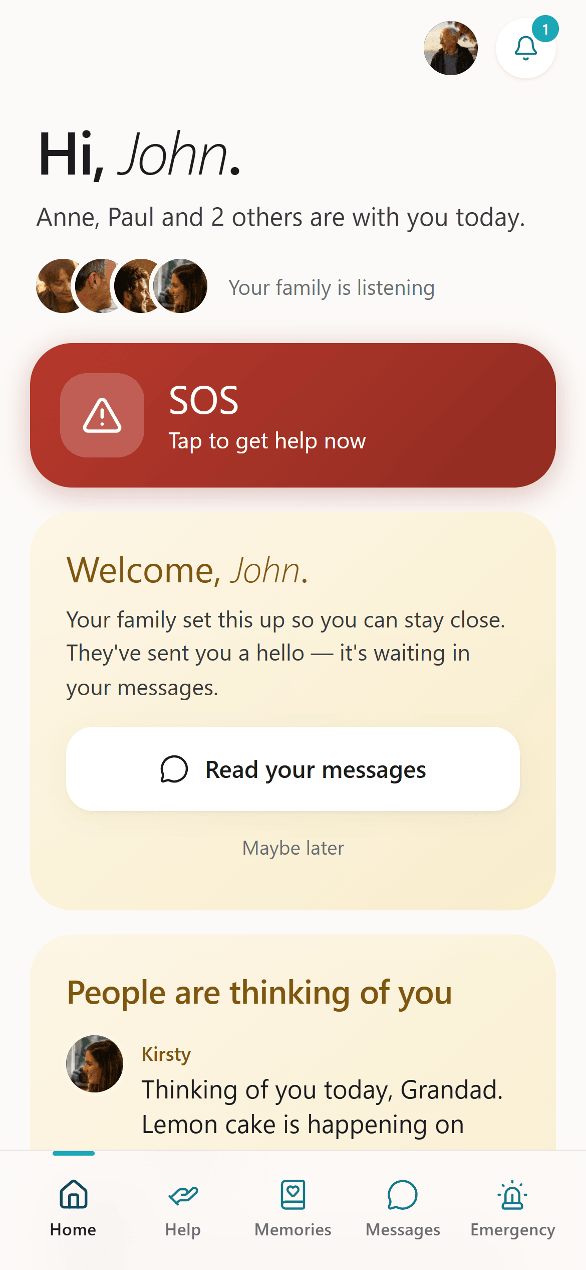John's own view of his Circle — his family listening, a large SOS button, a welcome from his family, and a message from Kirsty